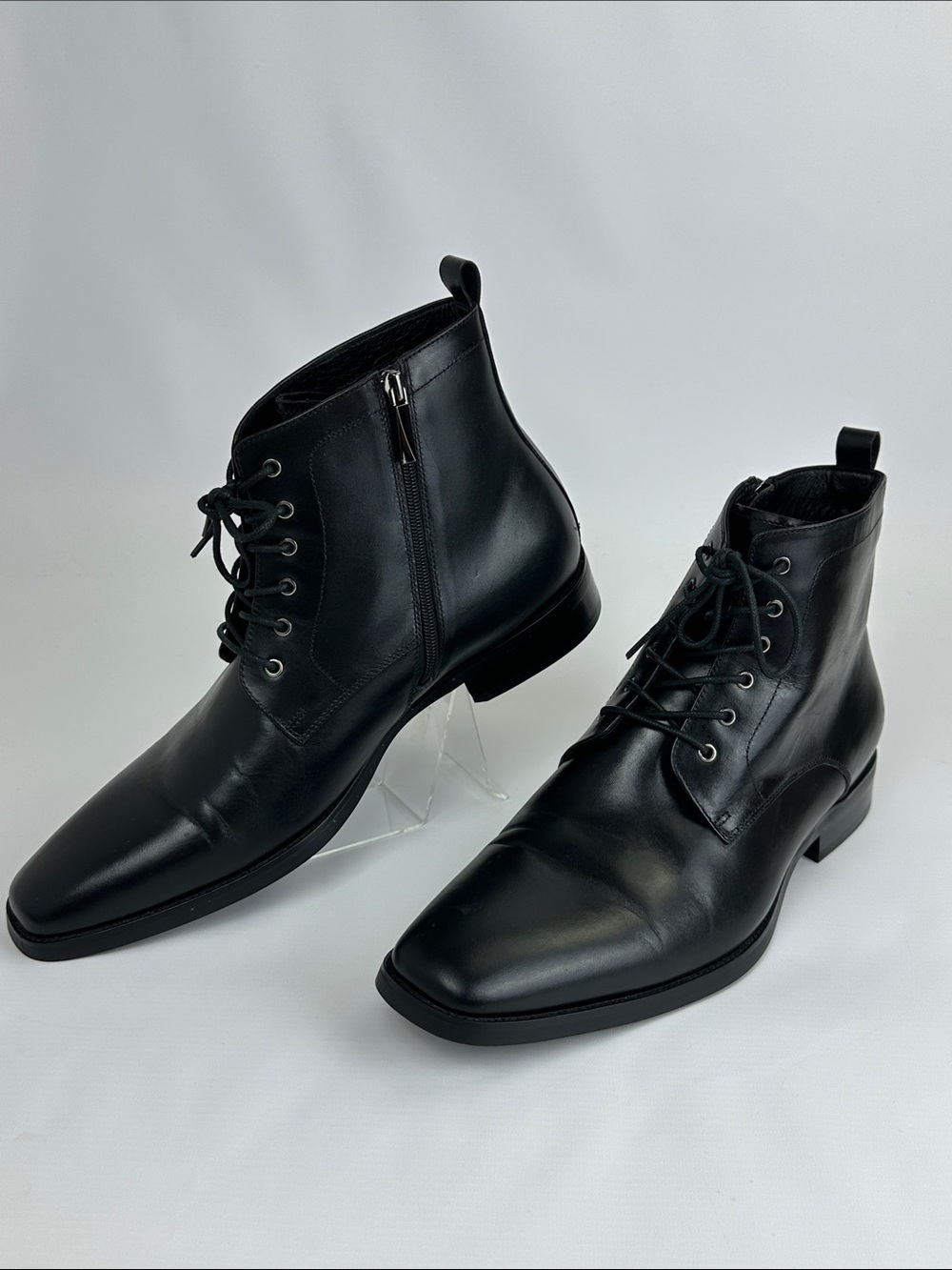 Men's Black Genuine Leather Side Zipper-Lace-Up Ankle Boots. Size 13 US. NWOT.